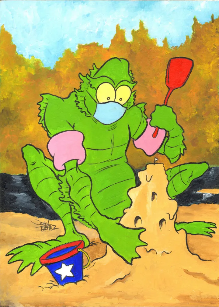 Horror icon Creature From the Black Lagoon masks safely during playtime on the beach during the pandemic in 2020.
