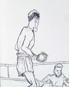 Sketchbook ballpoint pen study of boxers during a knockdown in a match.