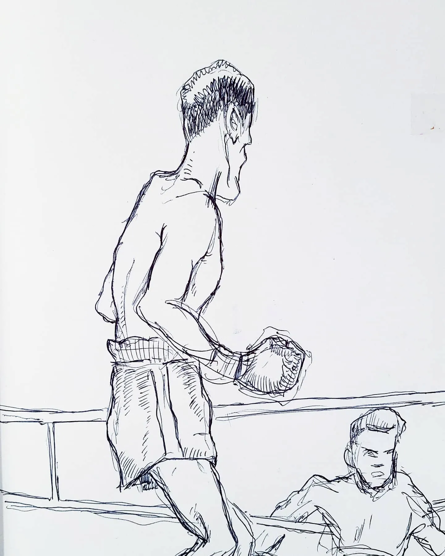 Sketchbook ballpoint pen study of boxers during a knockdown in a match.