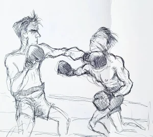 Ballpoint pen study of boxers sparring in a notebook.
