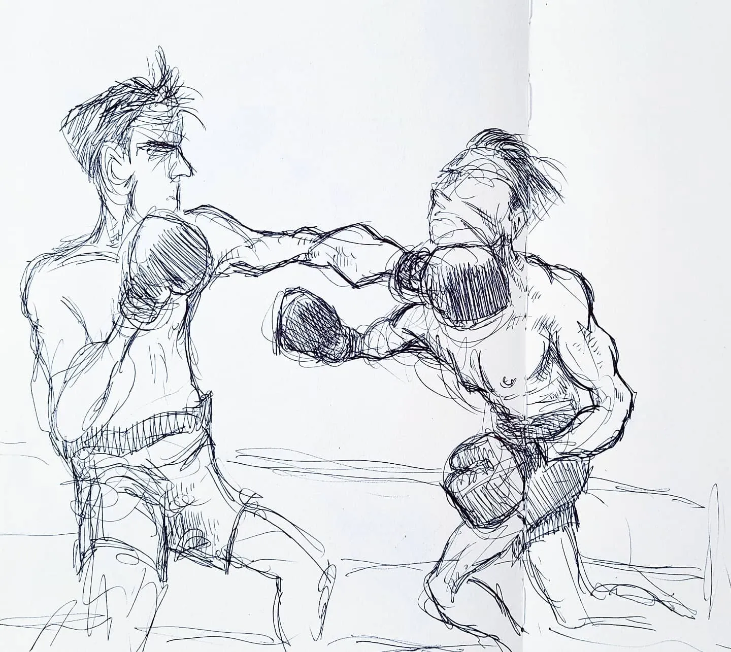 Ballpoint pen study of boxers sparring in a notebook.