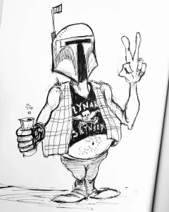 Cartoon idea for a redneck Boba Fett named Bubba with Lynard Skynard shirt and beer.