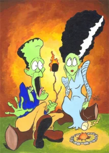 Frankenstein and his bride have a cookout to safely social distance from others during the pandemic