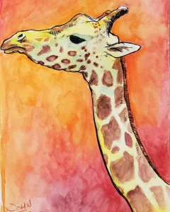 Ink and watercolor painting of a giraffe.