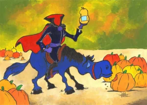 Headless Horseman finds the perfect gourd for masking and holiday fun during the pandemic of 2020.