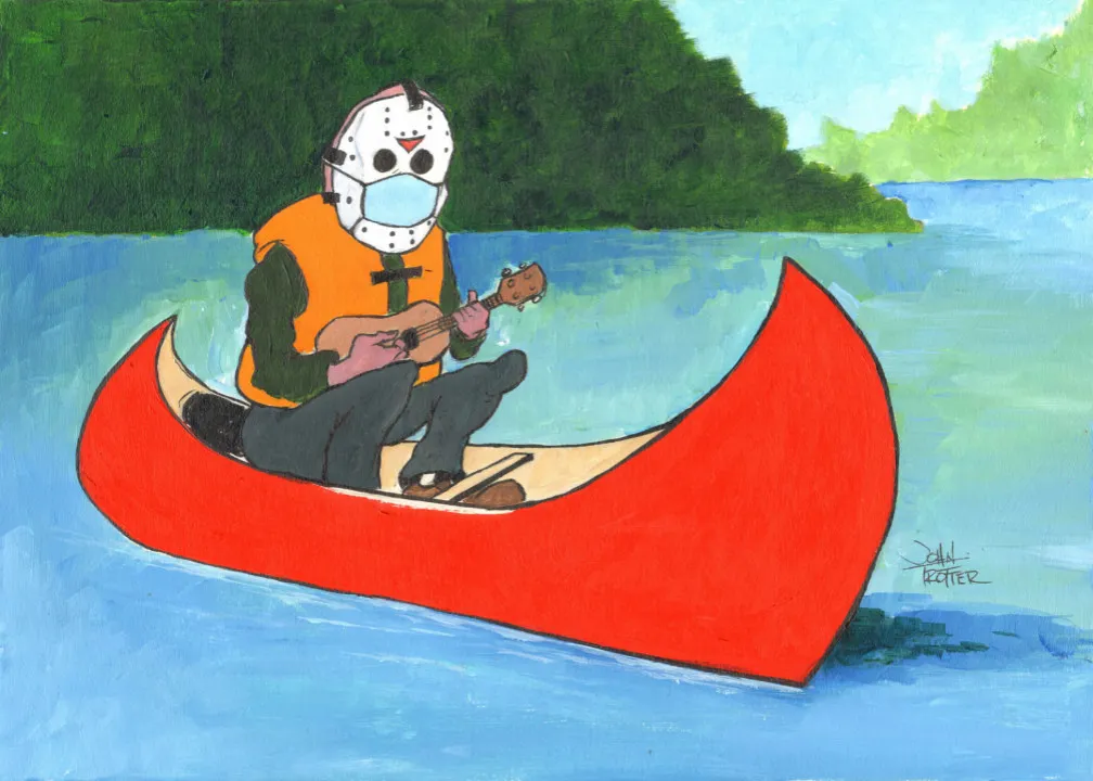 Horror icon Jason Voorhees finds solace on the lake by learning the ukelele in a canoe during the pandemic with no one visiting.