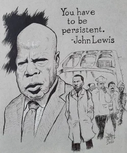 Portrait of John Lewis in ink and white gel pen on toned paper after his passing in 2020.