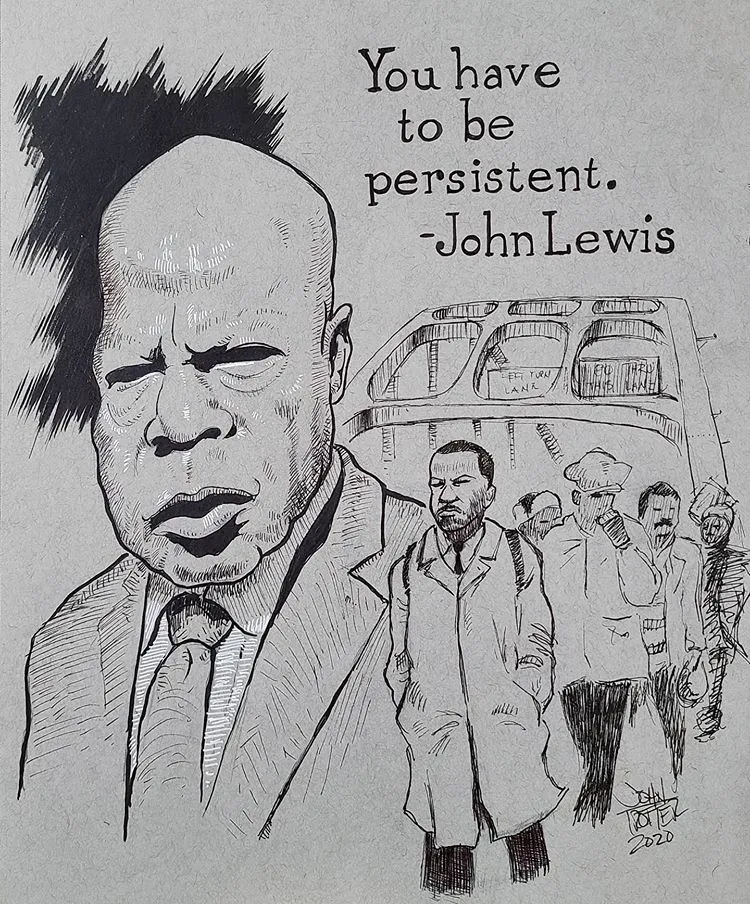 Portrait of John Lewis in ink and white gel pen on toned paper after his passing in 2020.