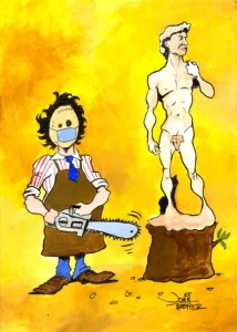 Horror icon Leatherface uses his chainsaw skills for something more positive during the pandemic.