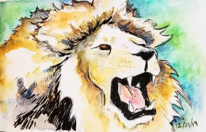 Lion Study in ink and watercolor in notebook.