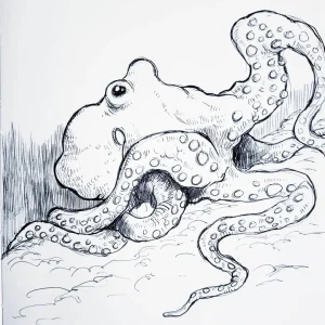 Ballpoint pen study of an octopus in a sketchbook.