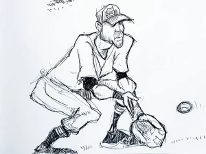 Ballpoint pen sketch in sketchbook of a shortstop fielding a ground ball.