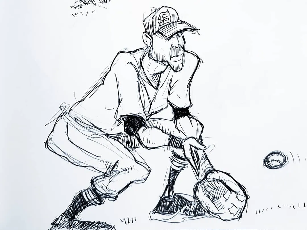 Ballpoint pen sketch in sketchbook of a shortstop fielding a ground ball.