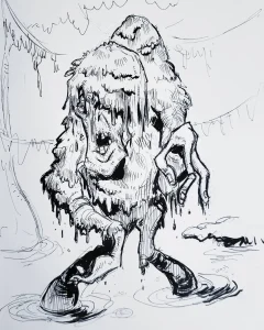 Pen and ink sketchbook drawing of a swamp zombie inspired by the horror work of Jack Davis.