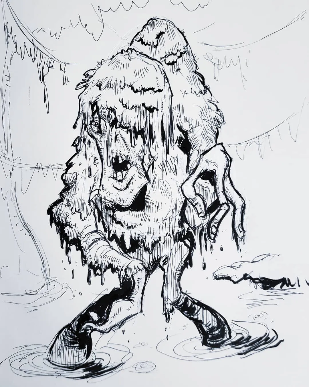 Pen and ink sketchbook drawing of a swamp zombie inspired by the horror work of Jack Davis.