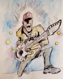 Tom Morello in ballpoint pen and watercolor playing guitar onstage.