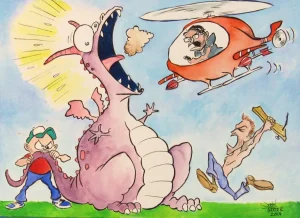 Wellred comedy members fight a dragon. For some reason.