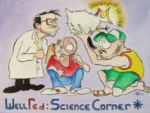 Wellred comedy members study a chicken and the cloaca. during a podcast conversation