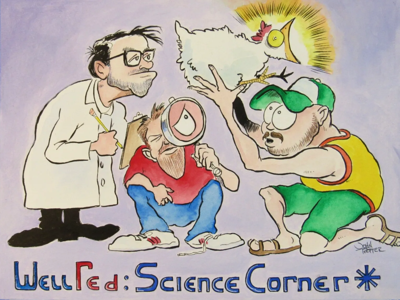 Wellred comedy members study a chicken and the cloaca. during a podcast conversation