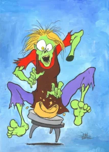 Zombie potter losing hand while throwing a pot on a pottery wheel.