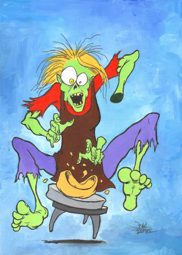 Zombie potter losing hand while throwing a pot on a pottery wheel.