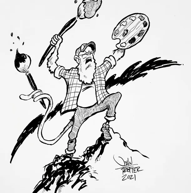 Paintmonkey as human with paint brush swords and palette shield on mountain like a pulp fiction novel cover.