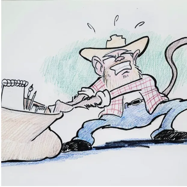 Paintmonkey struggling to pull a sack full of art supplies.