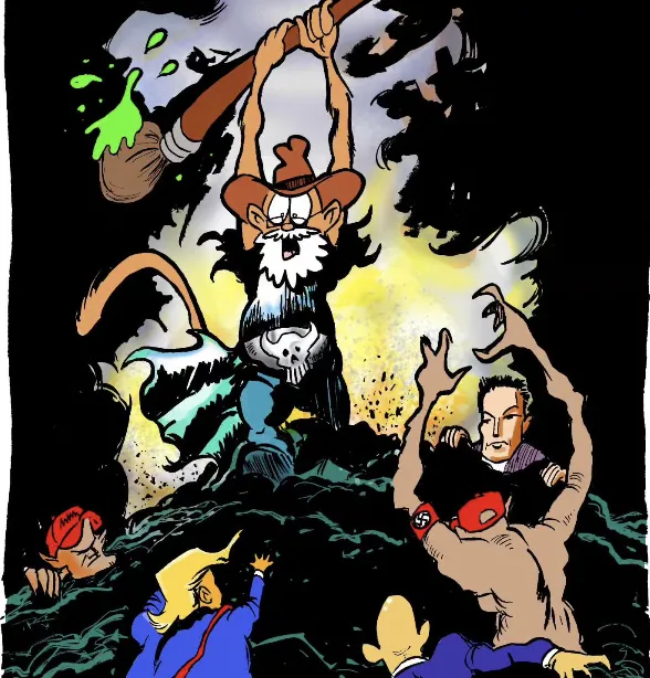 Paintmonkey in Frazetta homage attacking trolls and magas and politicians with brush sword.