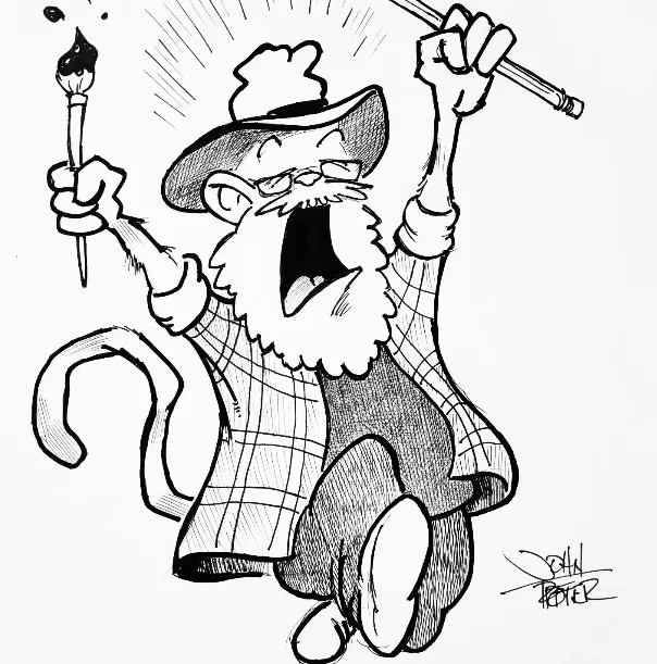 Screaming Paintmonkey running with brush and pencil.