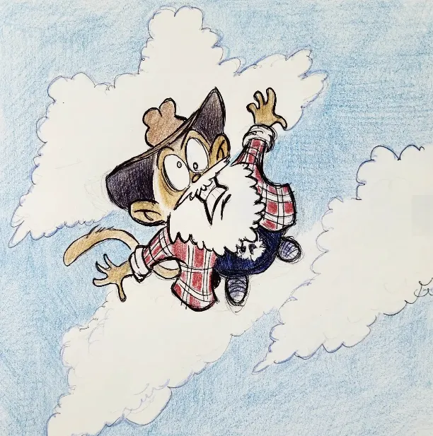 Paintmonkey falling out of the sky towards viewer.