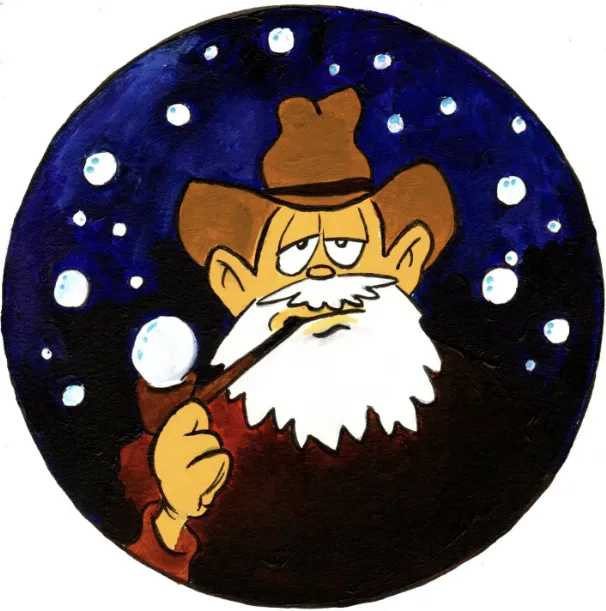 Pensive Paintmonkey blowing bubbles in a pipe introspectively.