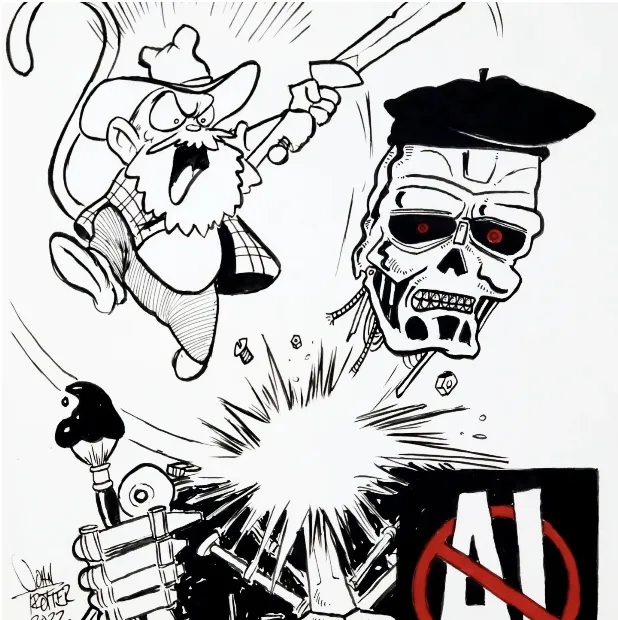 Paintmonkey chops head off of AI painter Terminator with sword.