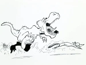 Cartoon dinosaur t-rex chasing small squirrel like mammal cartoon.