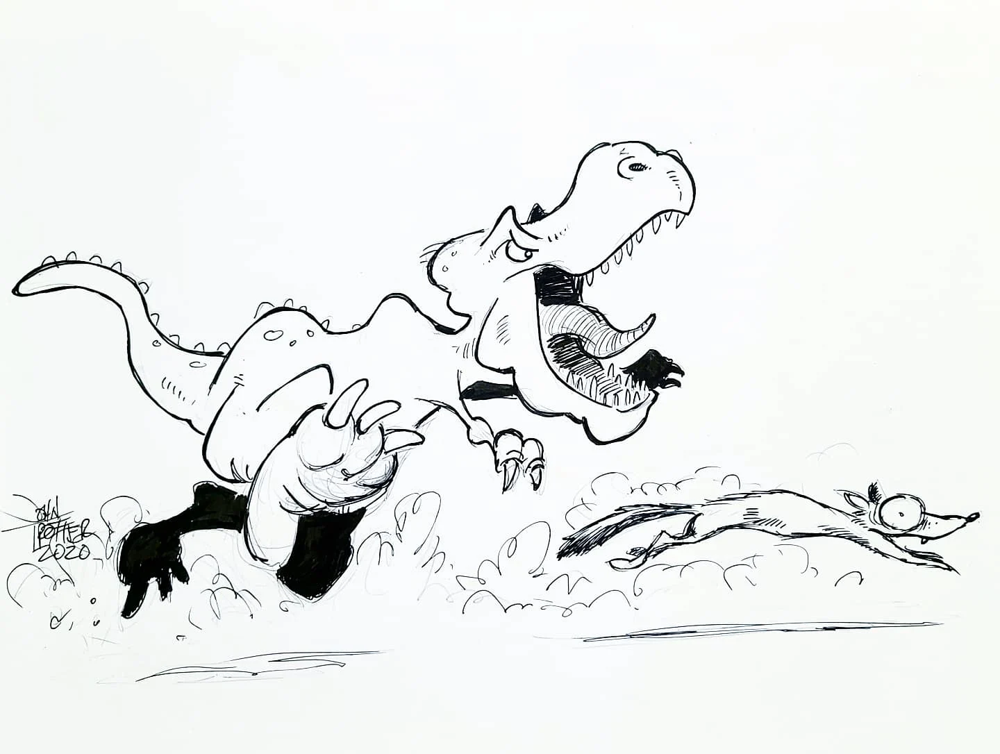 Cartoon dinosaur t-rex chasing small squirrel like mammal cartoon.