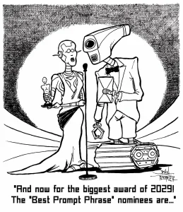 Two robots presenting Academy Award in 2029 for AI garbage produced by lazy idiots.