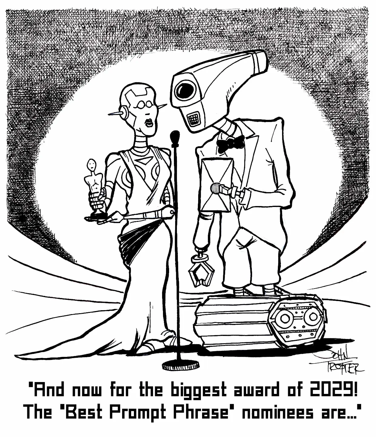 Two robots presenting Academy Award in 2029 for AI garbage produced by lazy idiots.