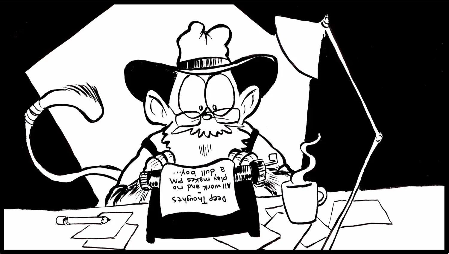 The Paintmonkey types away at his faithful Remington typewriter in a noir scene out a pulp fiction paperback.