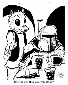 Greedo asking Boba Fett about the origins of his name in a Tatooine bar.