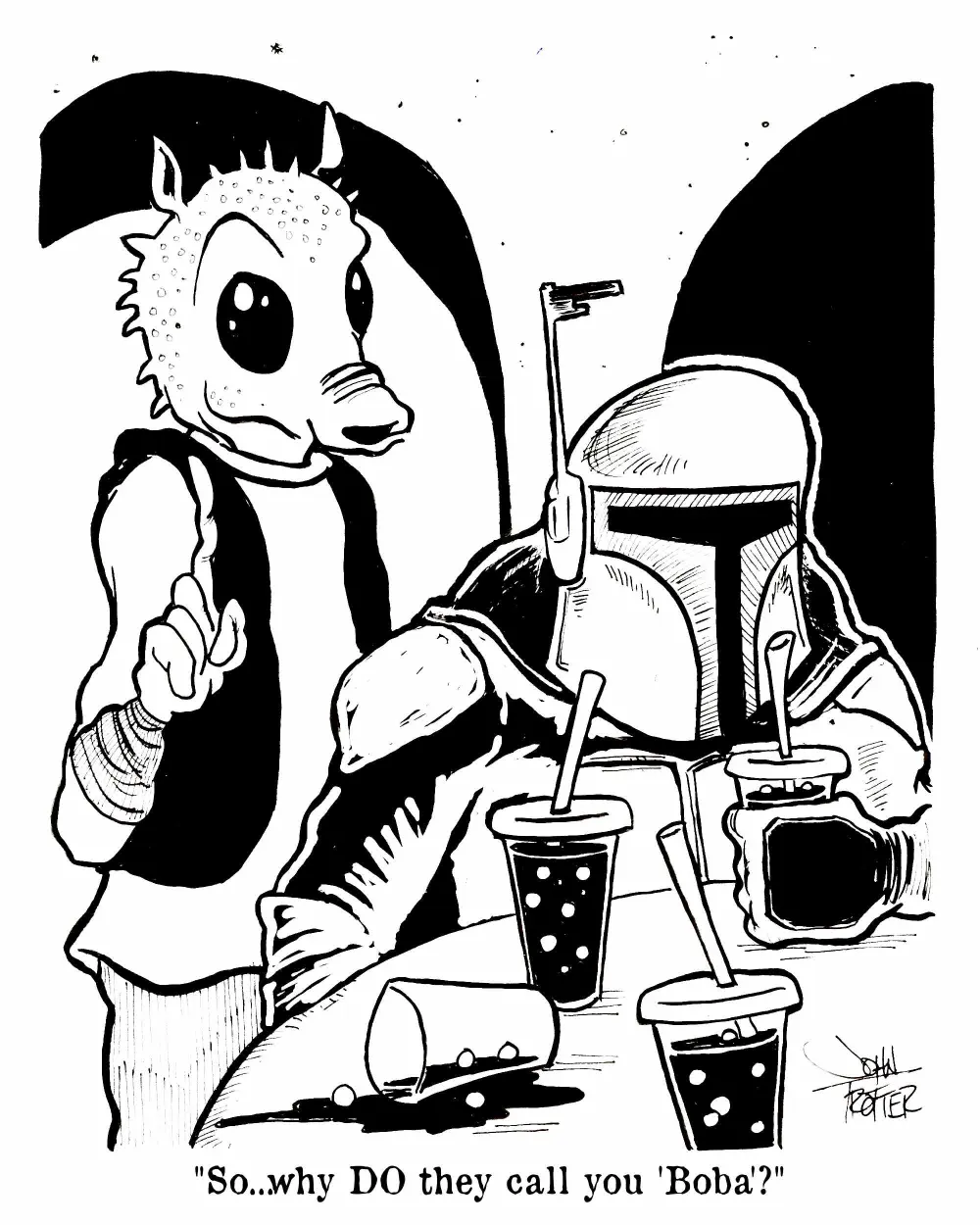Greedo asking Boba Fett about the origins of his name in a Tatooine bar.