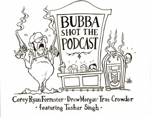 Hand drawn illustration showing a man who shot up a bar based on the song "Bubba Shot the Jukebox" and hand drawn podcast logo.