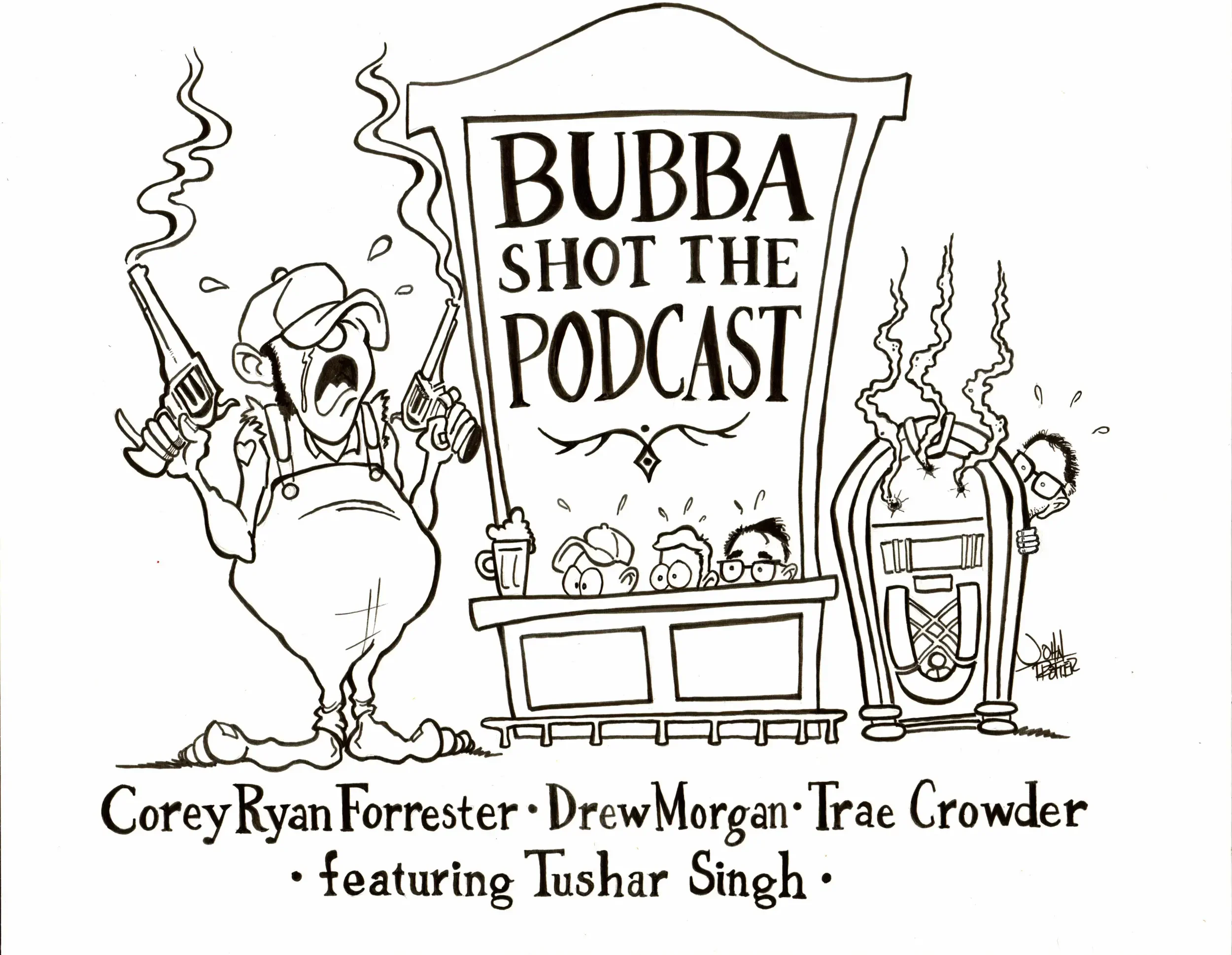 Hand drawn illustration showing a man who shot up a bar based on the song "Bubba Shot the Jukebox" and hand drawn podcast logo.