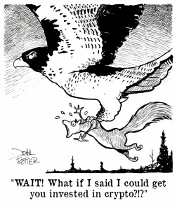 Squirrel begs with for life from a hawk with promises of riches from cryptoscam.