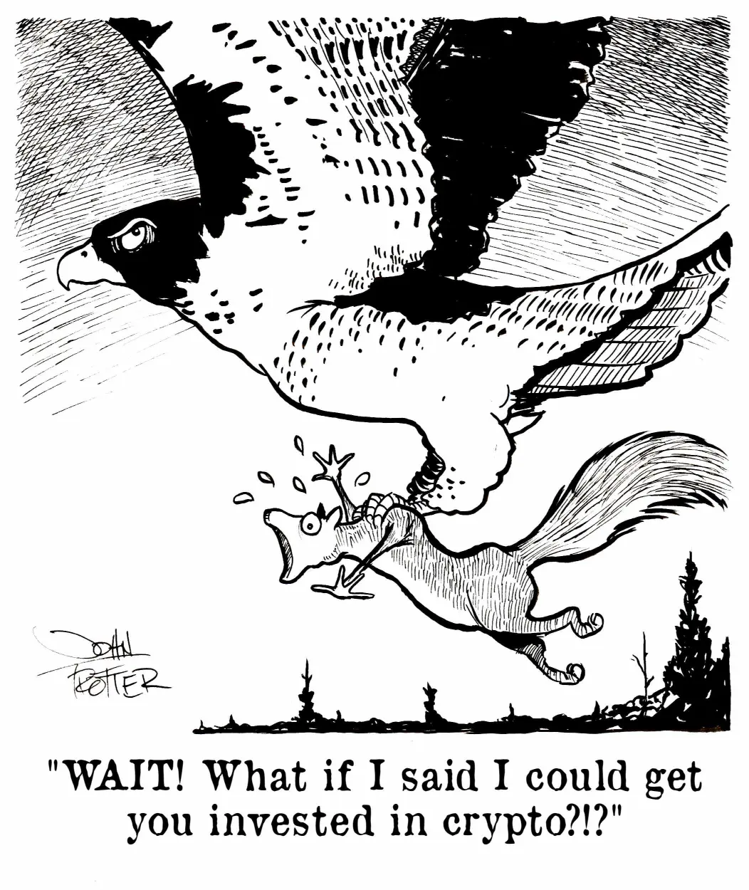 Squirrel begs with for life from a hawk with promises of riches from cryptoscam.