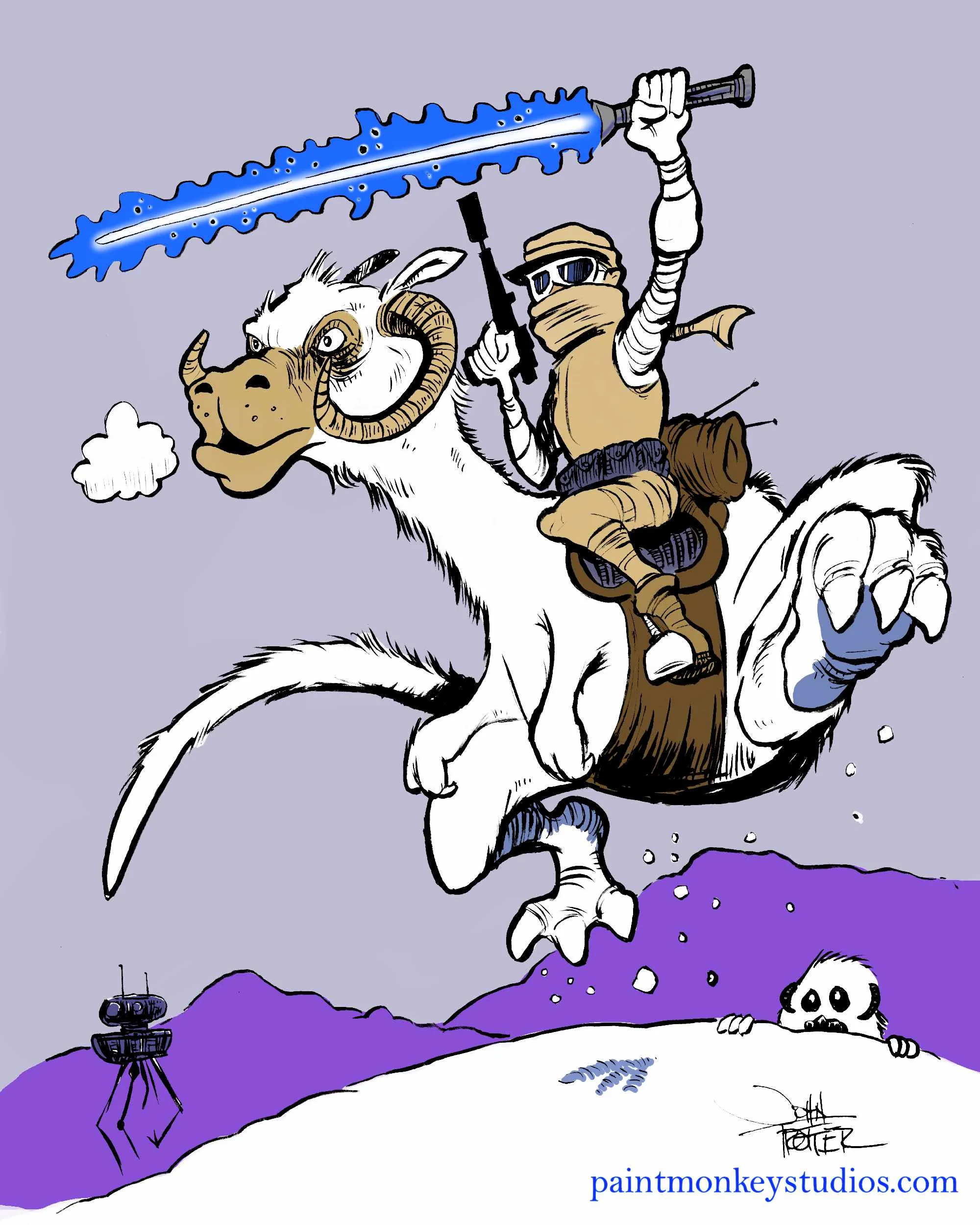 Luke Skywalker on a tauntaun with a probe droid and a wampa behind him on the planet Hoth from Star Wars: The Empire Strike Back.