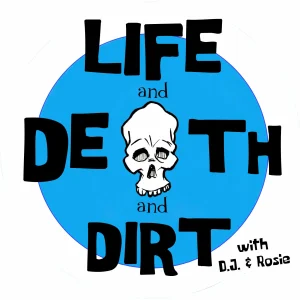 Podcast logo with hand drawn skull used as the "A" in "Death" on blue circle in background.