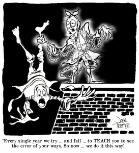 Ghost of Marley dangles a Scrooge off of the top of a building to save time.