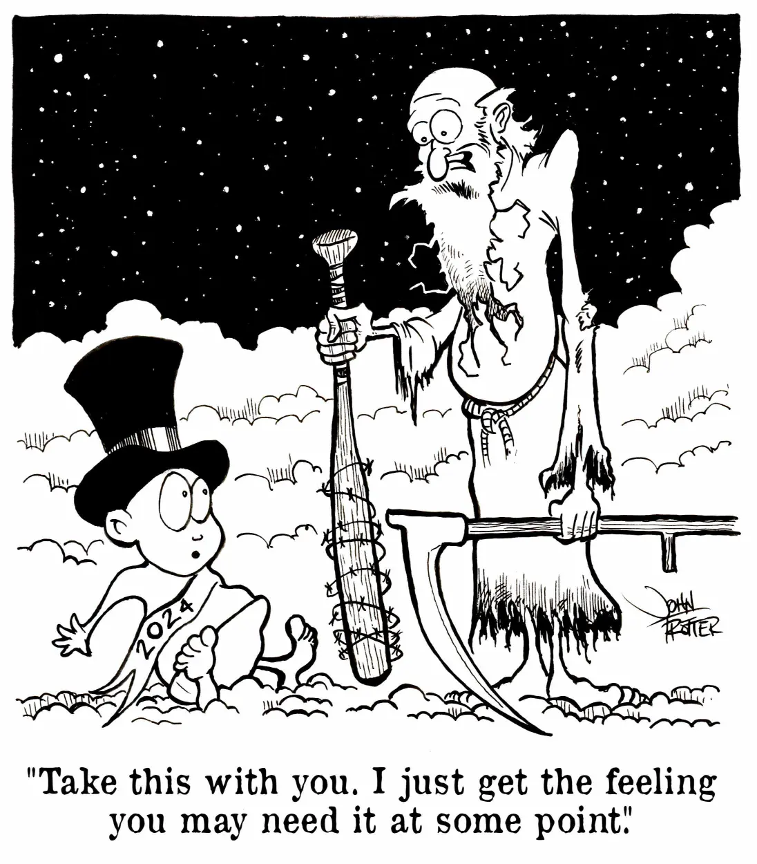 Old Man Time hands Baby New Year 2024 a bat wrapped in barbed wire and gives a warning.
