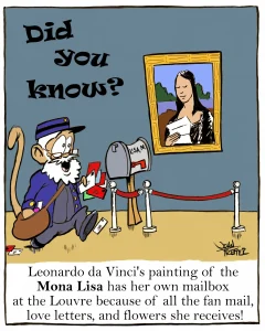 Paintmonkey delivers mail to Mona Lisa as she has her own mailbox as the Louvre in Paris