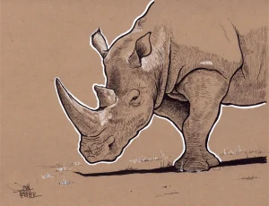 Rhino in pen & ink with white gel pen highlights on toned paper.