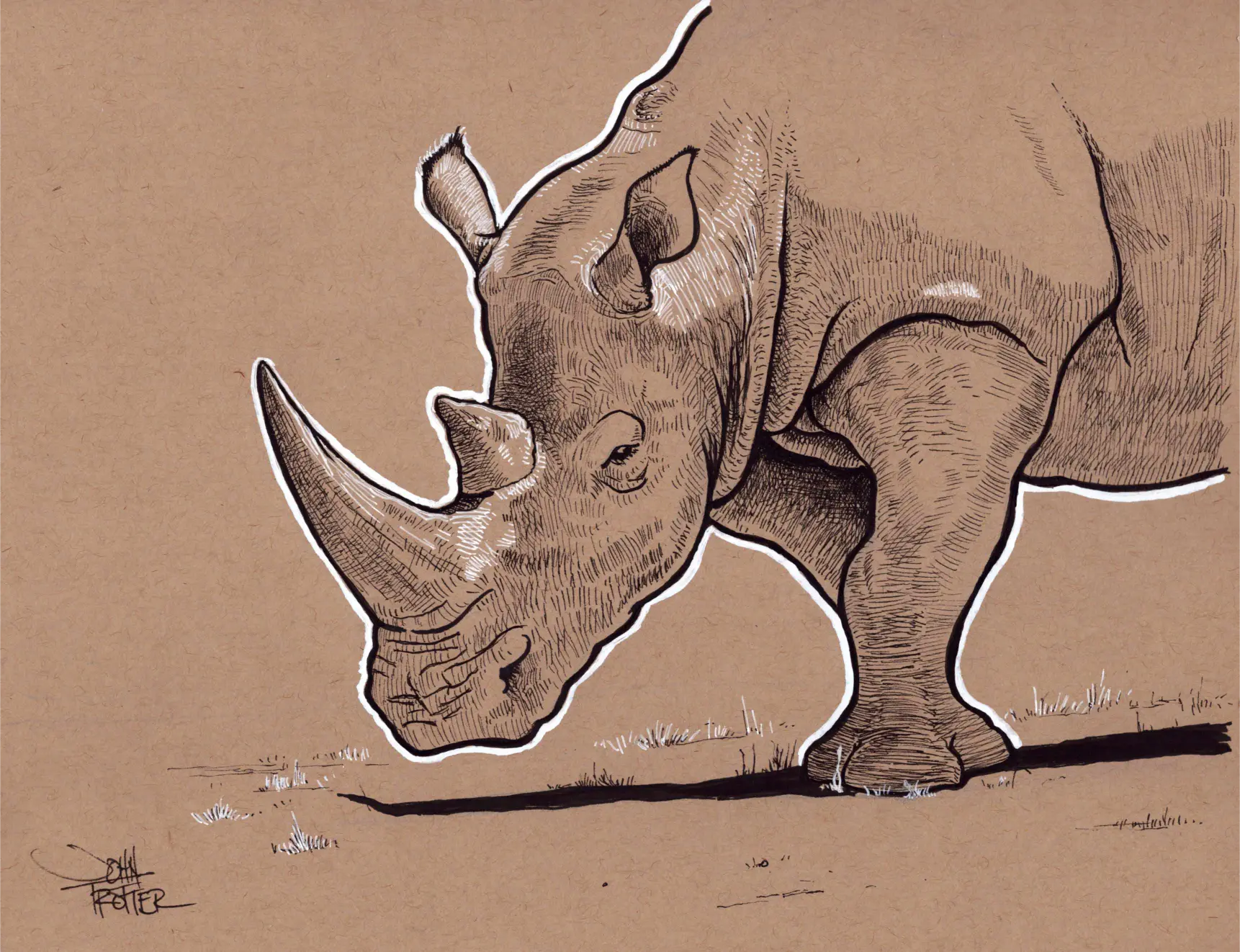 Rhino in pen & ink with white gel pen highlights on toned paper.